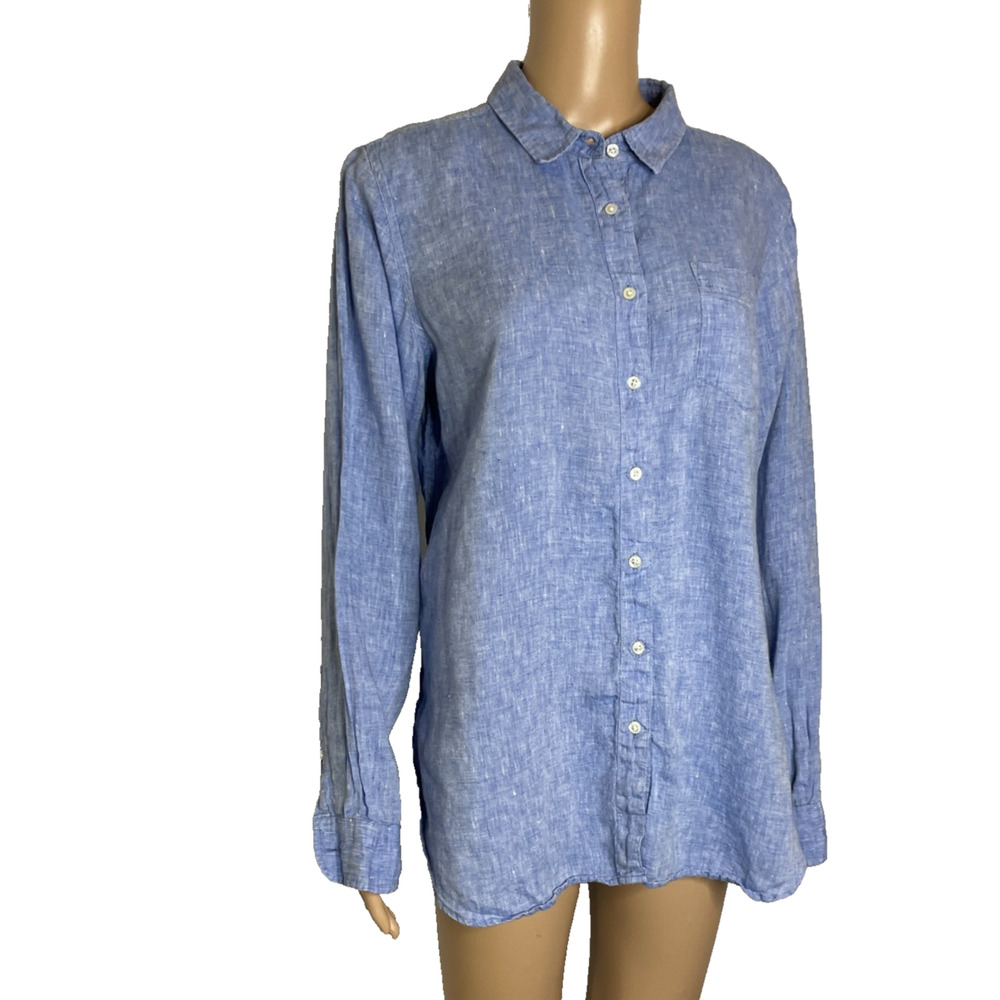 Women's Large L.L.Bean Premium Washable 100% Linen Blue Button Down Blouse - Picture 2 of 5